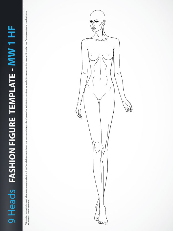 Fashion Template Of Women In Standing Poses. 9 Head Size For Technical  Drawing With And Without Main Lines. Lady Figure Front And Back View.  Vector Outline Girl For Fashion Sketching And Illustration.